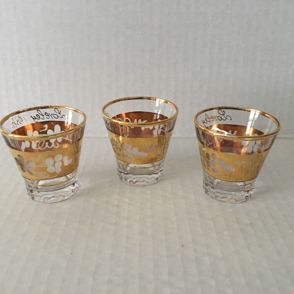 Loreley Vintage Set Of 3  Gold Shot Glasses Floral And Grape Pattern Liquor